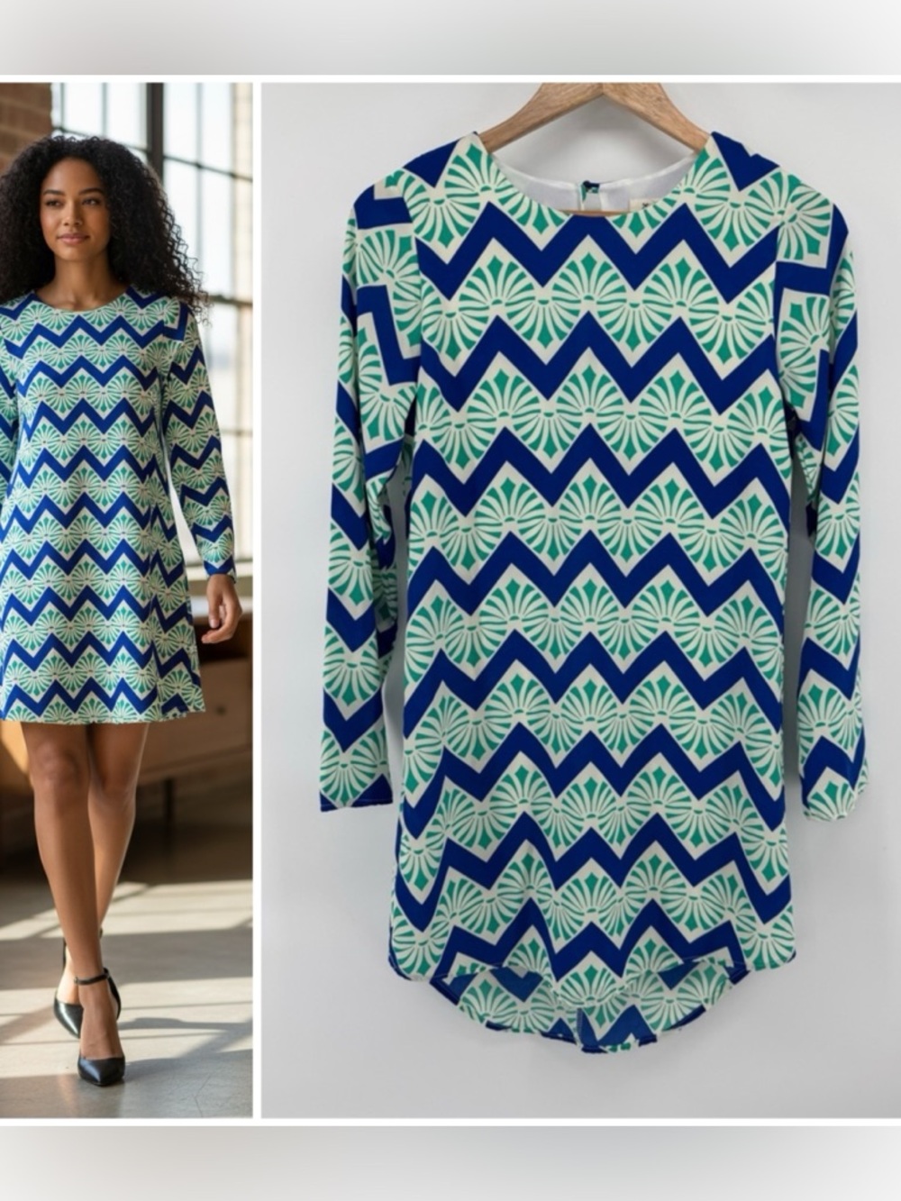 Everly Chevron & Fan-Print in Blue and Teal Dress Women's Size Small Cottagecore
